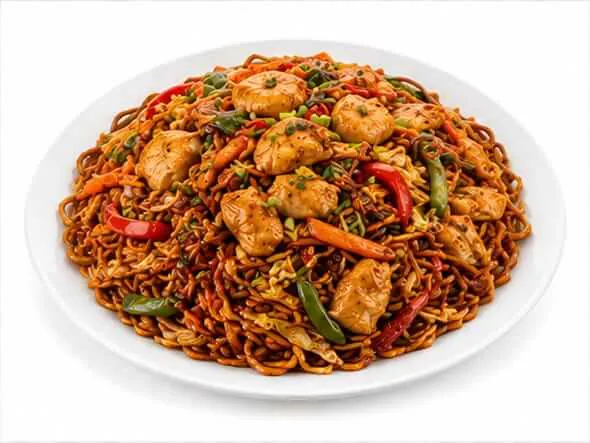 Schezwan Chicken Noodles intensely spicy red succulent pieces
