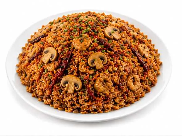 Schezwan Mushroom Fried Rice hot pungent earthy slices
